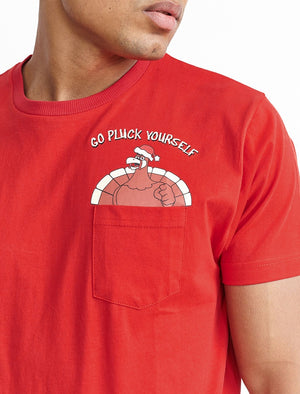 Turkey Pluck Yourself Novelty Christmas T-Shirt with Chest Pocket In Red