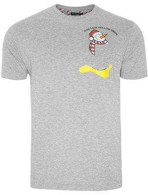 Yellow Snow Novelty Christmas T-Shirt with Chest Pocket In Light Grey Marl