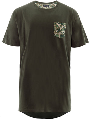 Bovary Longline T-Shirt with Camo Print Chest Pocket in Khaki