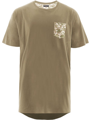Bovary Longline T-Shirt with Camo Print Chest Pocket in Stone