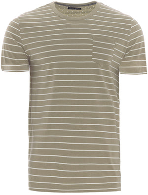 Harry Striped T-Shirt with Chest Pocket in Mushroom / Ecru
