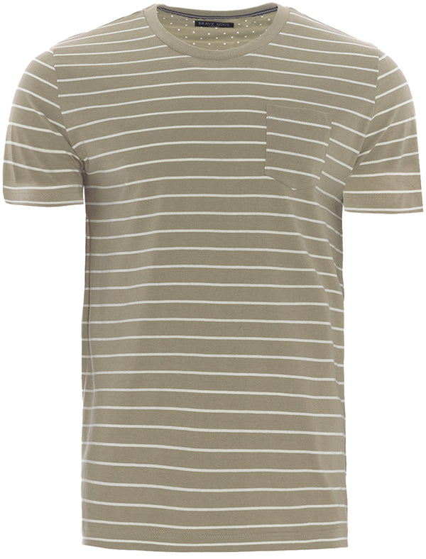 Harry Striped T-Shirt with Chest Pocket in Mushroom / Ecru