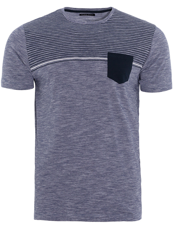 Lenin Yarn Dyed Striped T-Shirt with Chest Pocket in Blue