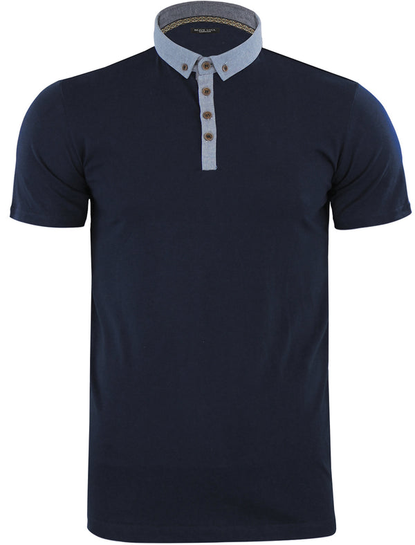 Chimerah Cotton Polo Shirt with Chambray Collar in Navy