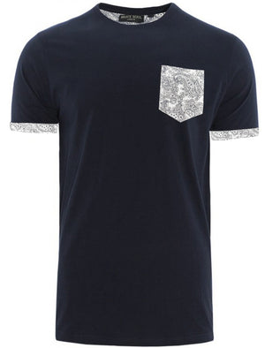 Paisley Printed Roll Sleeve Cotton T-Shirt in Navy