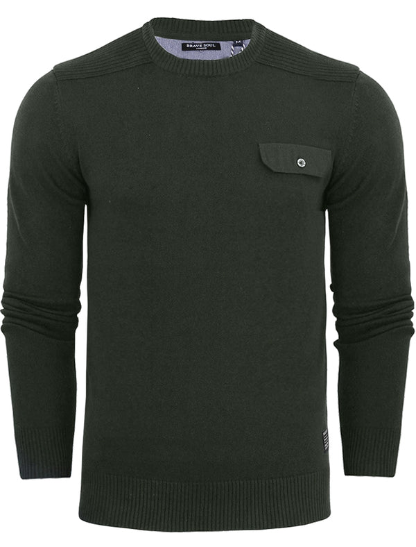 PersianB Military Style Knitted Jumper With Mock Pocket in Khaki