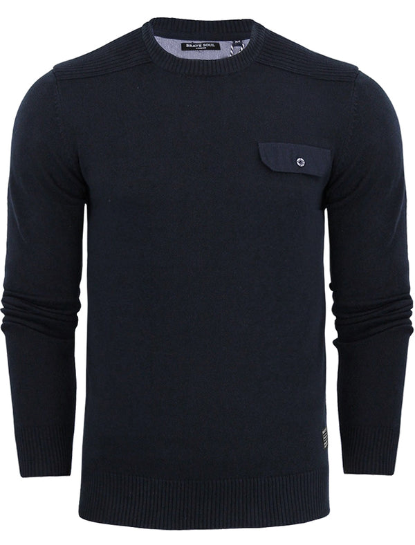 PersianB Military Style Knitted Jumper With Mock Pocket in Navy