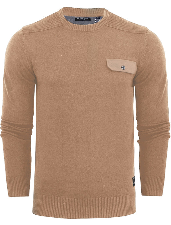 PersianB Military Style Knitted Jumper With Mock Pocket in Mushroom