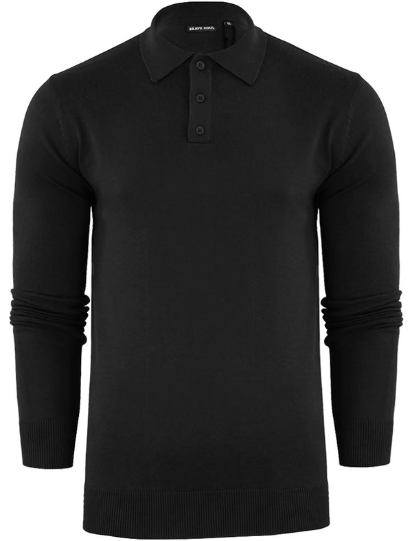 Placket B Long Sleeve Knitted Polo Shirt in Black