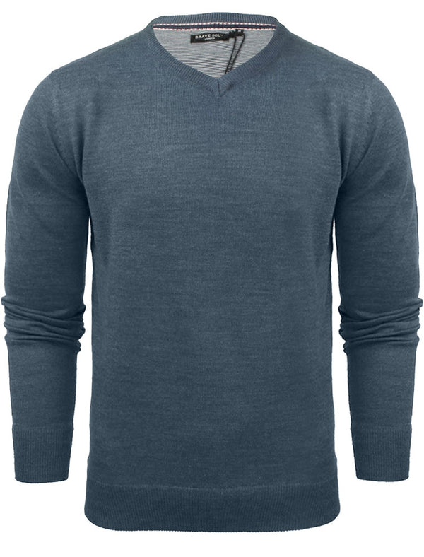QuazarB V Neck Knitted Jumper in Mid Blue
