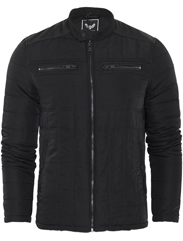 Rajan Zip Through Soft Quilted Biker Jacket in Black
