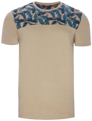 Ramirez Feather Print Panel Crew Neck T-Shirt in Mushroom