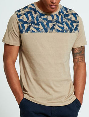 Ramirez Feather Print Panel Crew Neck T-Shirt in Mushroom