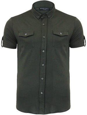 RobertS Jersey Short Sleeve Shirt with Military Pockets in Khaki