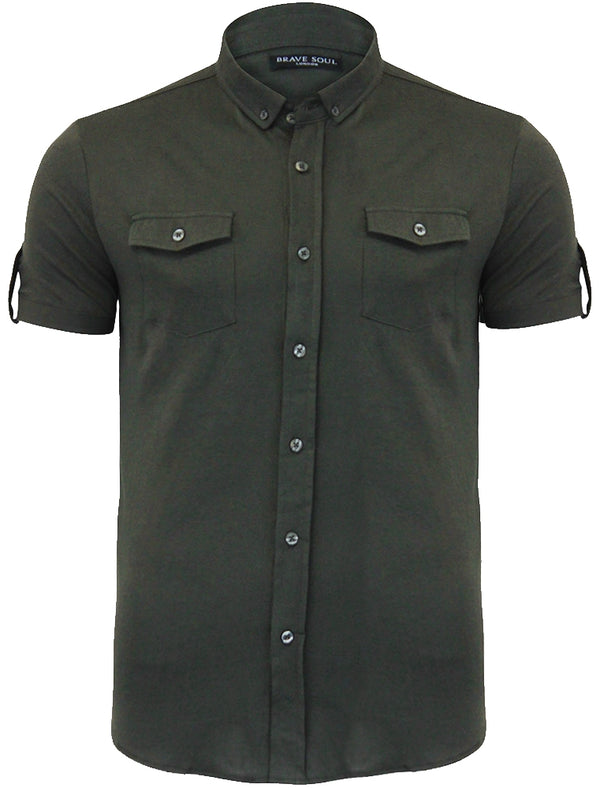 RobertS Jersey Short Sleeve Shirt with Military Pockets in Khaki