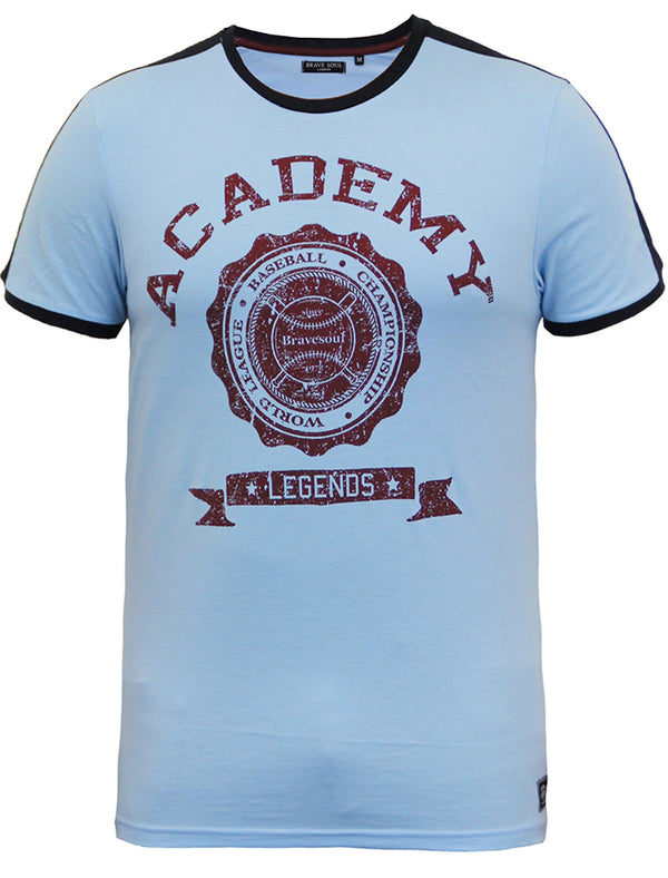 Satori Baseball Motif Crew Neck Ringer T-Shirt in Light Blue