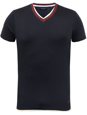 Smith V Neck Mock Insert Cotton T-Shirt in Navy
