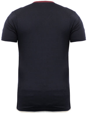 Smith V Neck Mock Insert Cotton T-Shirt in Navy