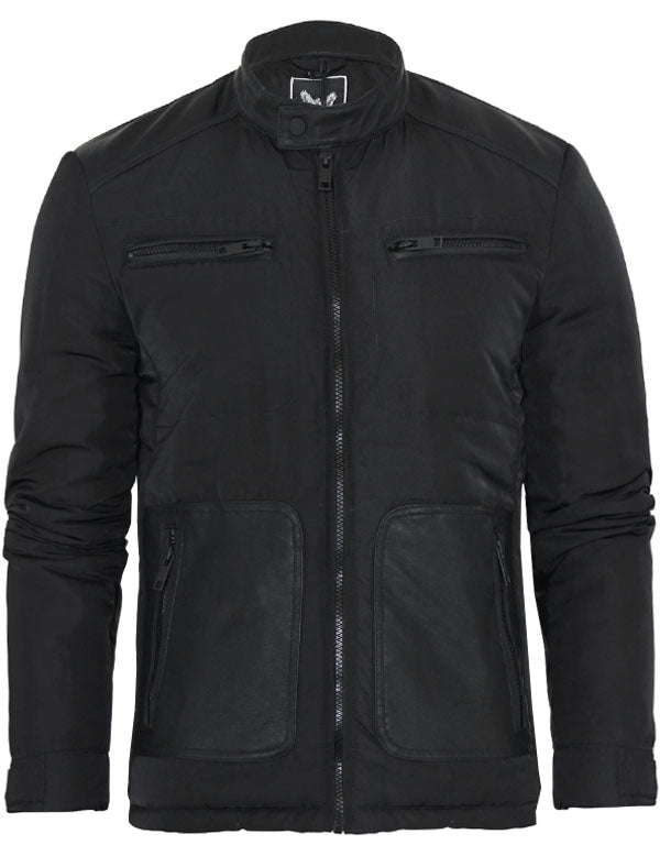 Sombo Zip Through Biker Jacket with PU Panels in Black
