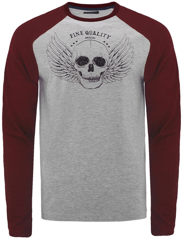 Taveri Skull Motif Long Sleeve Raglan Top in Light Grey Marl / Burgundy