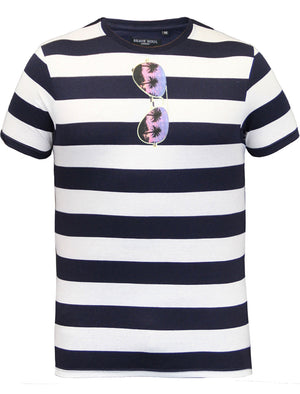 Tropic Striped Sunglasses Print T-Shirt in Navy & White