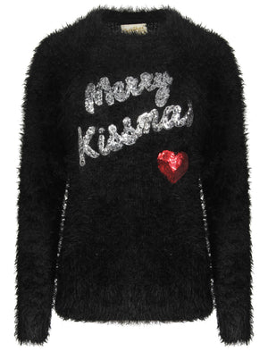 Womens Lx Kissmas Heart Fluffy Knit Jumper In Black - Christmas Wishes
