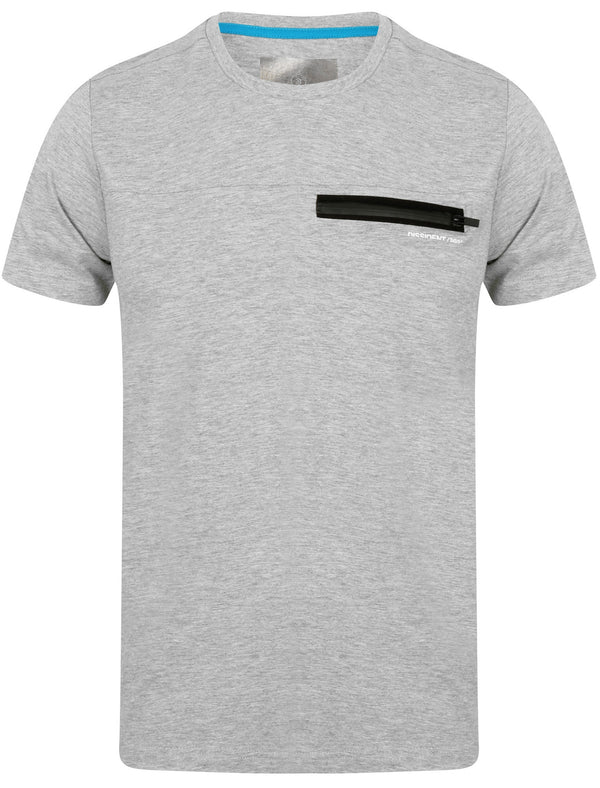 Adachi Crew Neck Cotton T-Shirt with Zip Chest Pocket In Light Grey Marl - Dissident