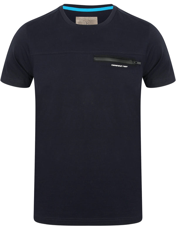 Adachi Crew Neck Cotton T-Shirt with Zip Chest Pocket In Navy - Dissident