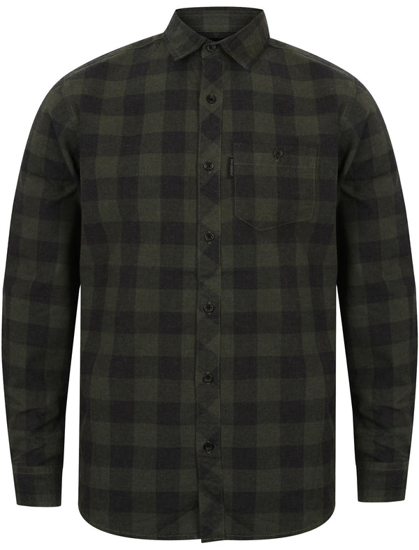 Alvez Long Sleeve Checked Cotton Shirt in Army Green - Dissident