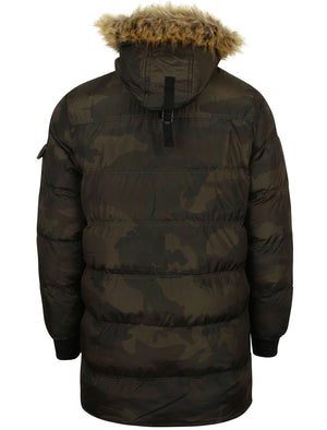 Canton Quilted Puffer Coat With Fur Trim Hood In Khaki Camo - Dissident