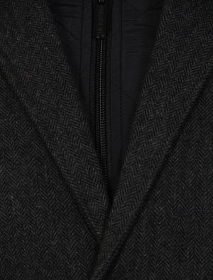 Dobre Mock Insert Wool Blend Overcoat in Grey Herringbone  - Dissident