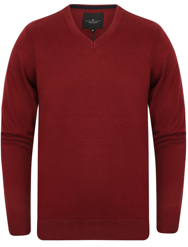 Gotha V Neck Cotton Jumper In Oxblood - Dissident