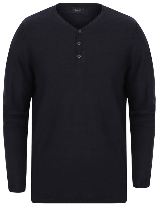 Hoggle Cotton Slub Henley Jumper In Dark Navy - Dissident