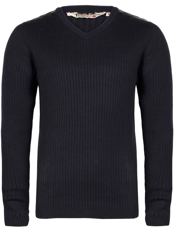 Dissident Julian navy leather shoulder v neck jumper