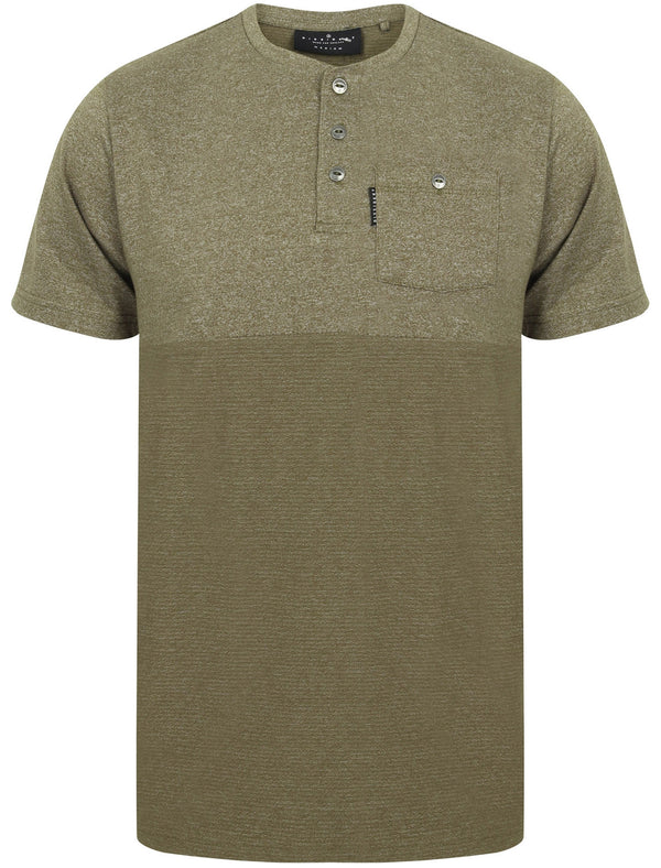 Koku Block Design Henley Neck T-Shirt with Chest Pocket In Turtle Khaki - Dissident