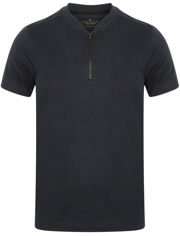 Leith Baseball Zip Up Neck Cotton T-Shirt In Dark Sapphire - Dissident