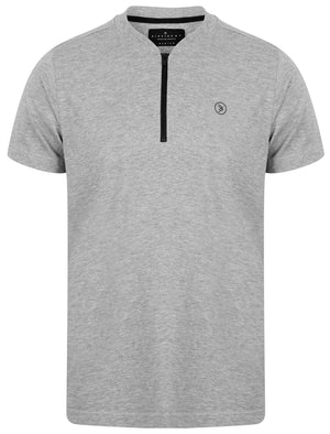 Leith Baseball Zip Up Neck Cotton T-Shirt In Light Grey Marl - Dissident