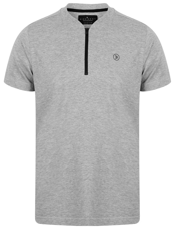 Leith Baseball Zip Up Neck Cotton T-Shirt In Light Grey Marl - Dissident
