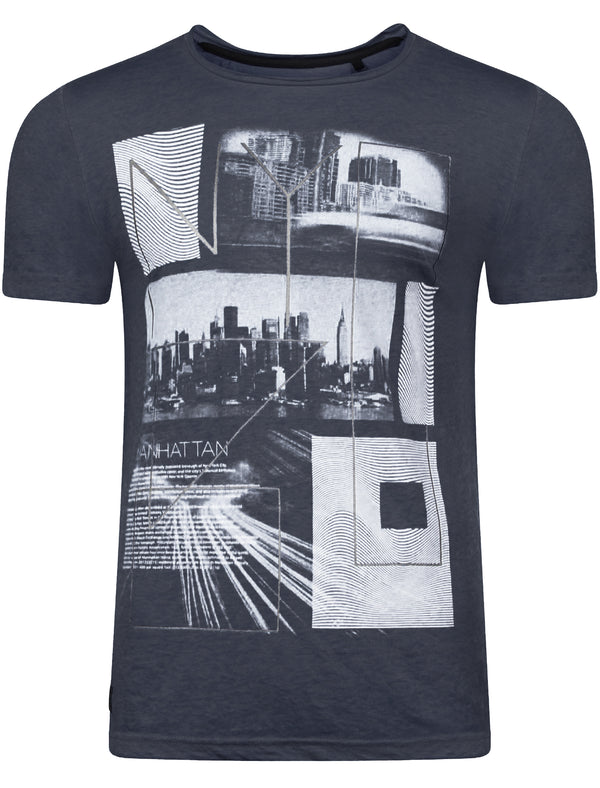 Manhatburn Motif Burnout T-Shirt in Slate Blue - Dissident