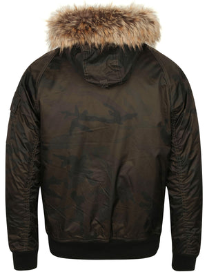 Marius Camo Print Bomber Jacket with Fur Lined Hood in Khaki - Dissident