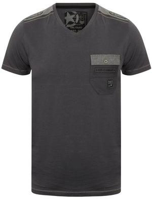 Millcham V Neck T-Shirt with Chambray Detail in Slate Blue - Dissident