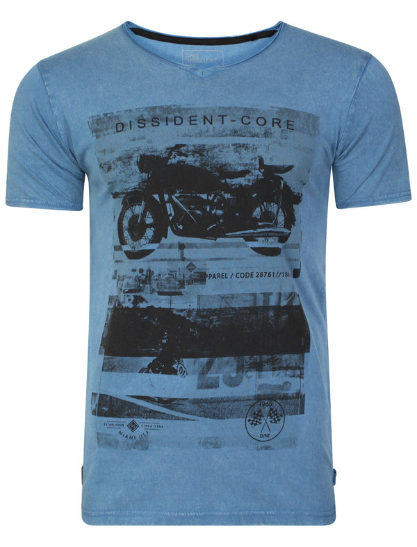 Motlybike Distressed T-Shirt In Vintage Blue - Dissident