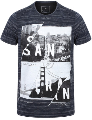 San Fran Split Motif Space Dye Crew Neck T-Shirt In Navy - Dissident