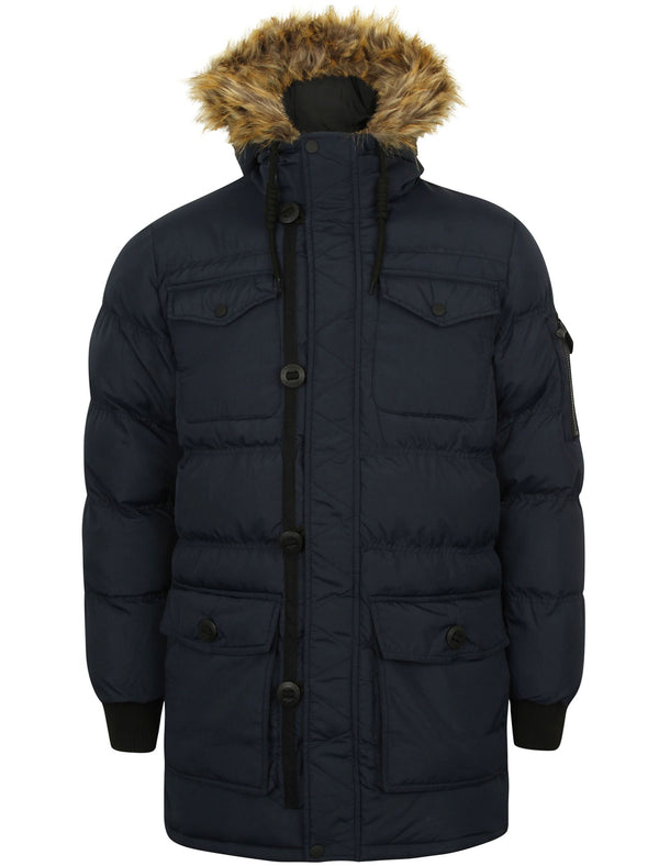 Saxon Quilted Puffer Coat with Hood in True Navy - Dissident