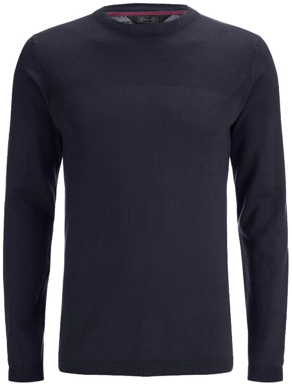 Stelios Knitted Jumper with Textured Yoke in Dark Navy - Dissident