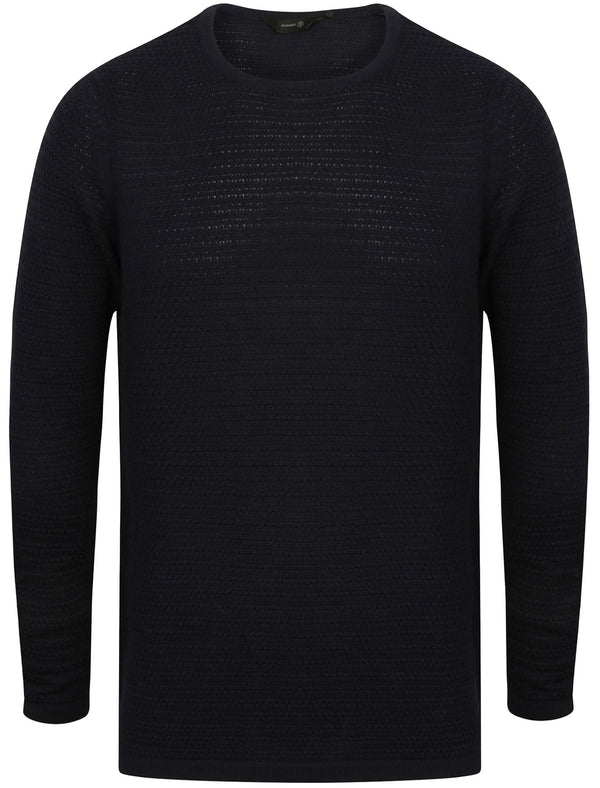 West Cotton Crew Neck Textured Jumper in Dark Navy - Dissident