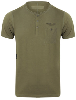 Yone Henley Neck Cotton T-Shirt with Pocket In Olive Khaki - Dissident