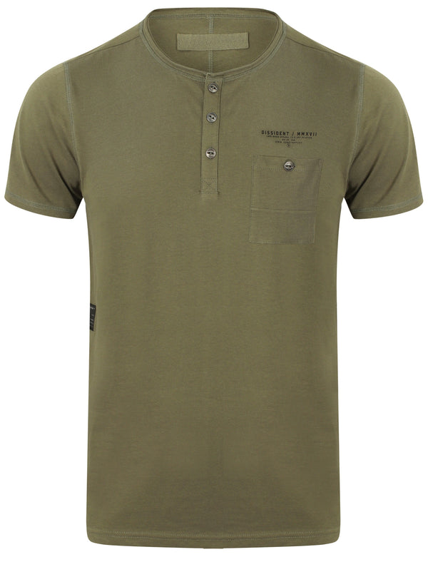 Yone Henley Neck Cotton T-Shirt with Pocket In Olive Khaki - Dissident