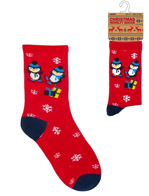 Ladies Estella Penguin Novelty Christmas Socks in Red