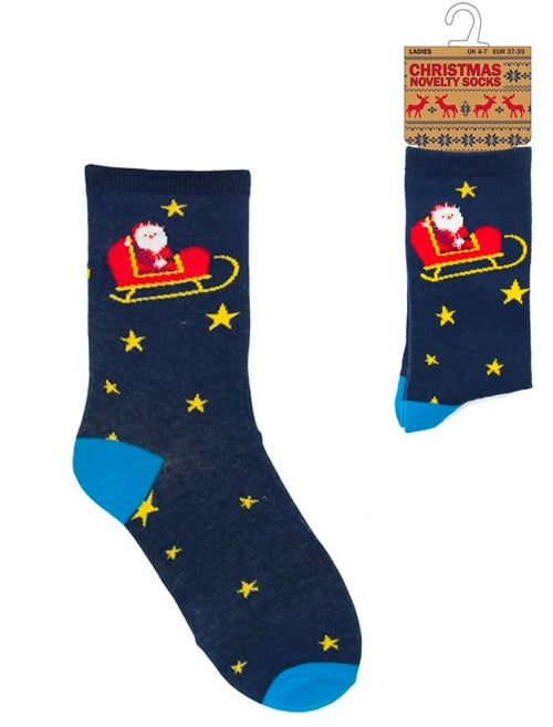 Ladies Estella Santa's Sleigh Novelty Christmas Socks in Navy
